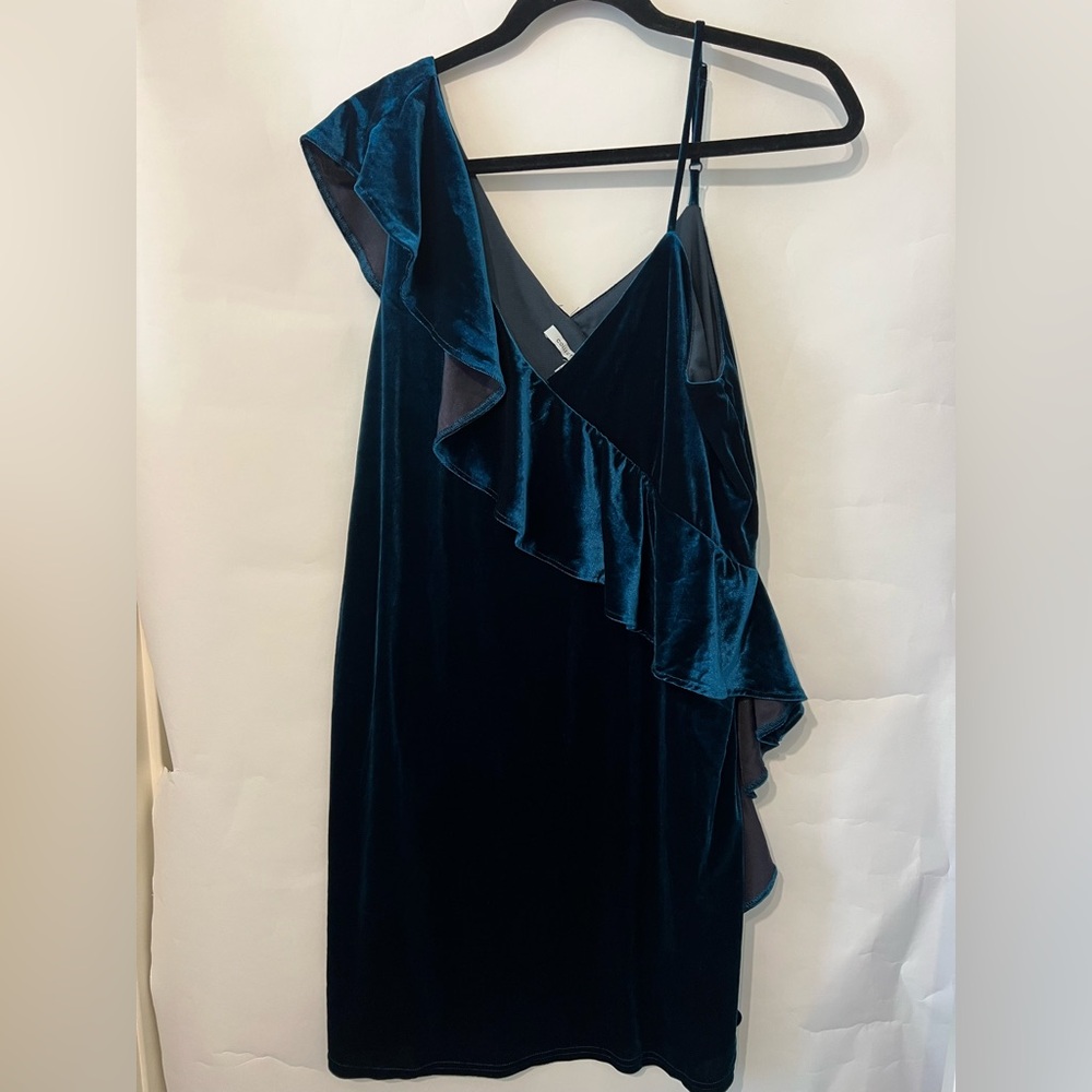 Collective concepts asymmetrical velvet dress in blue.